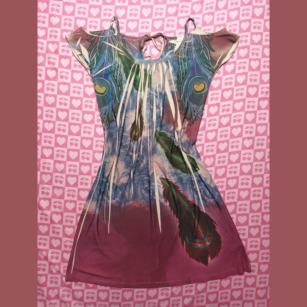 Purple & Blue Feather Print Summer Dress